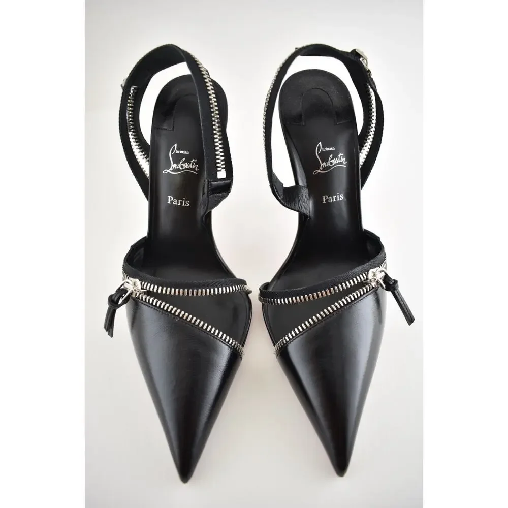 Christian Louboutin Slingyzip 100 Black Leather Zipper Slingback Heel Pump 36